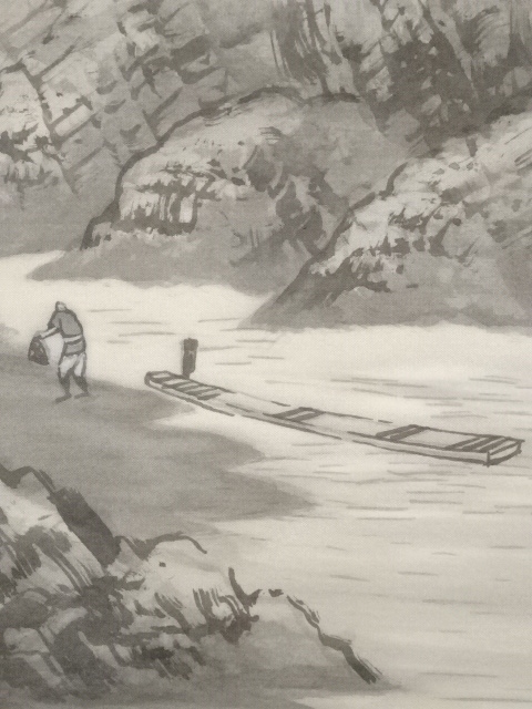 骨董市仕入れ品　肉筆山水絵　水墨画　激安骨董品<BR> X869C16-6 道具 ] - 道具 自楽筆 水墨山水図 肉筆絹本掛軸（共箱） | ネット